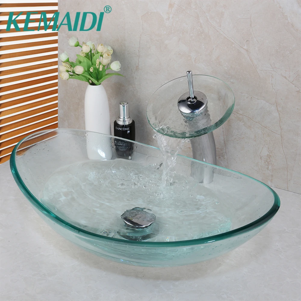 KEMAIDI  Tempered Glass Basin Sinks Oval Bathroom Sink Clear Vessel Sink With Waterfall Faucet Mixer Combo Deck Mounted Sinks