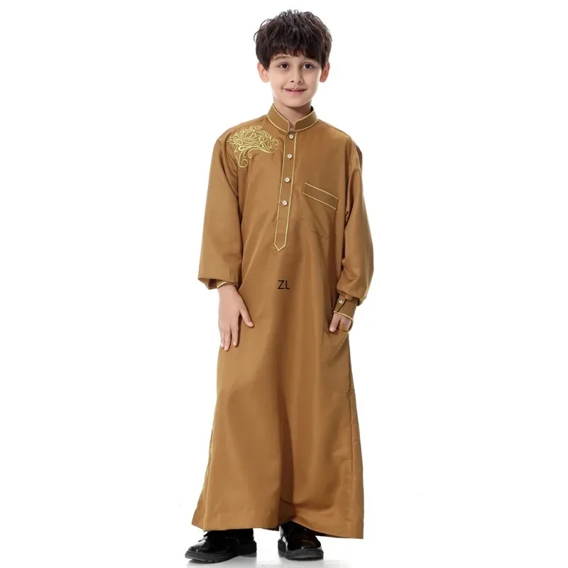 

Boy Arabic Robe Kids Long Sleeve Jubba Thobe Emboridery Dubai Saudi Muslim Eid Islamic Ramadan Clothing