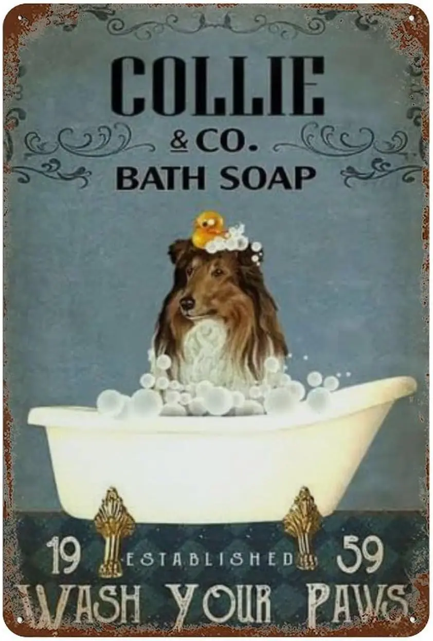 Vintage Tin Sign Collie Bath Soap Wash Your Paws Funny Retro Vintage Decor For Home Bar Room Diner Garage Kitchen 8X12 Inches