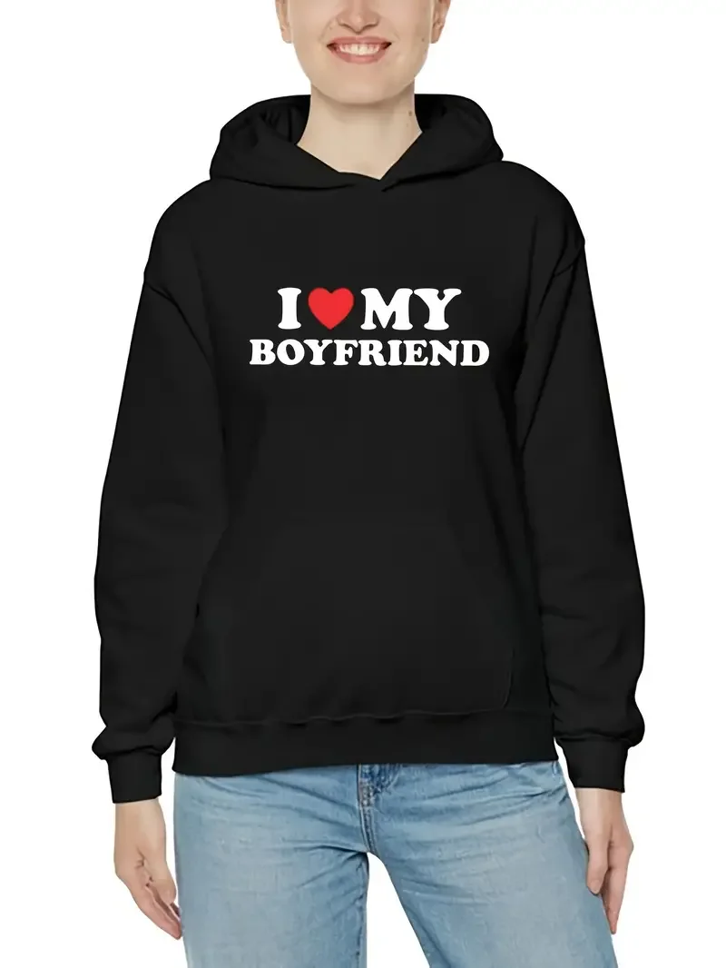 

Confession to Boyfriend Letter Print Casual Hooded Sweatshirt Long Sleeves With Front Pockets Hoodie Women Clothing