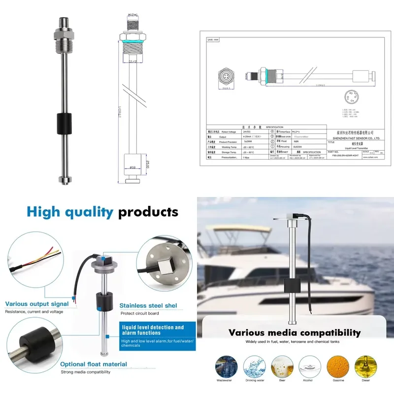 4-20mA /0-190ohm /0-10v /0-5v Liquid Level Sensor Transmitter 200mm to 2000mm M12 Connector for Continuous Level Measurement