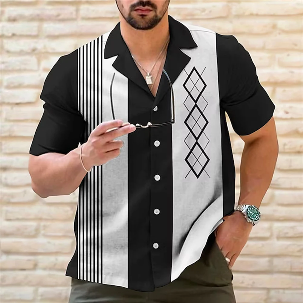 

Timeless Men’s Casual Bowling Shirt Retro Striped Design Short Sleeve Button Down Perfect for Casual Wear and Social Gatherings