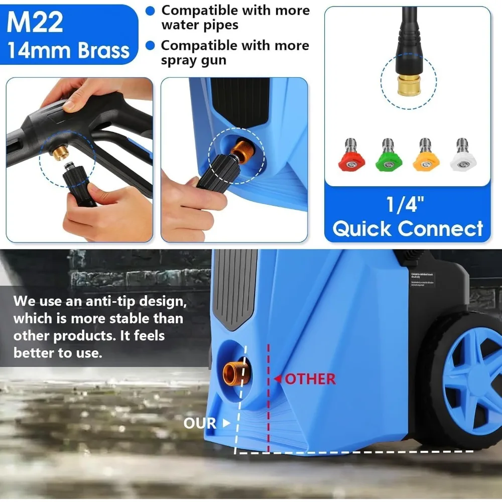 منظف عالي الطاقة مع خرطوم طاقة بطول 33 قدمًا، و4 فوهات ومدفع رغوي، للمنزل والسيارات والأسوار والفناء (أزرق)