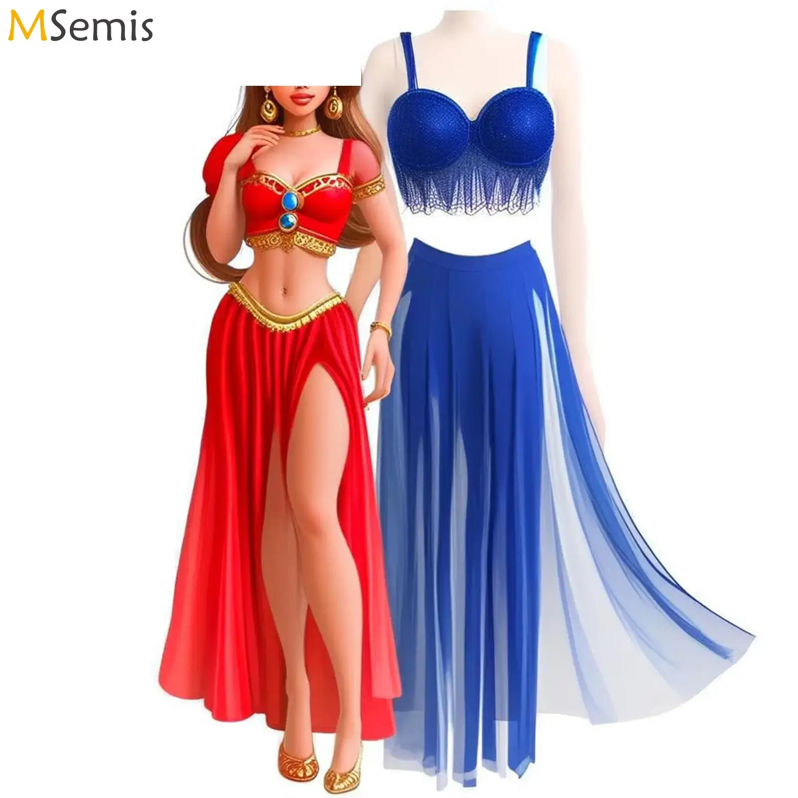Women Oriental Belly Dance Outfits Backless Crop Top Sequin Tassel Split Mesh Skirt for Indian Dance Performance Halloween Party
