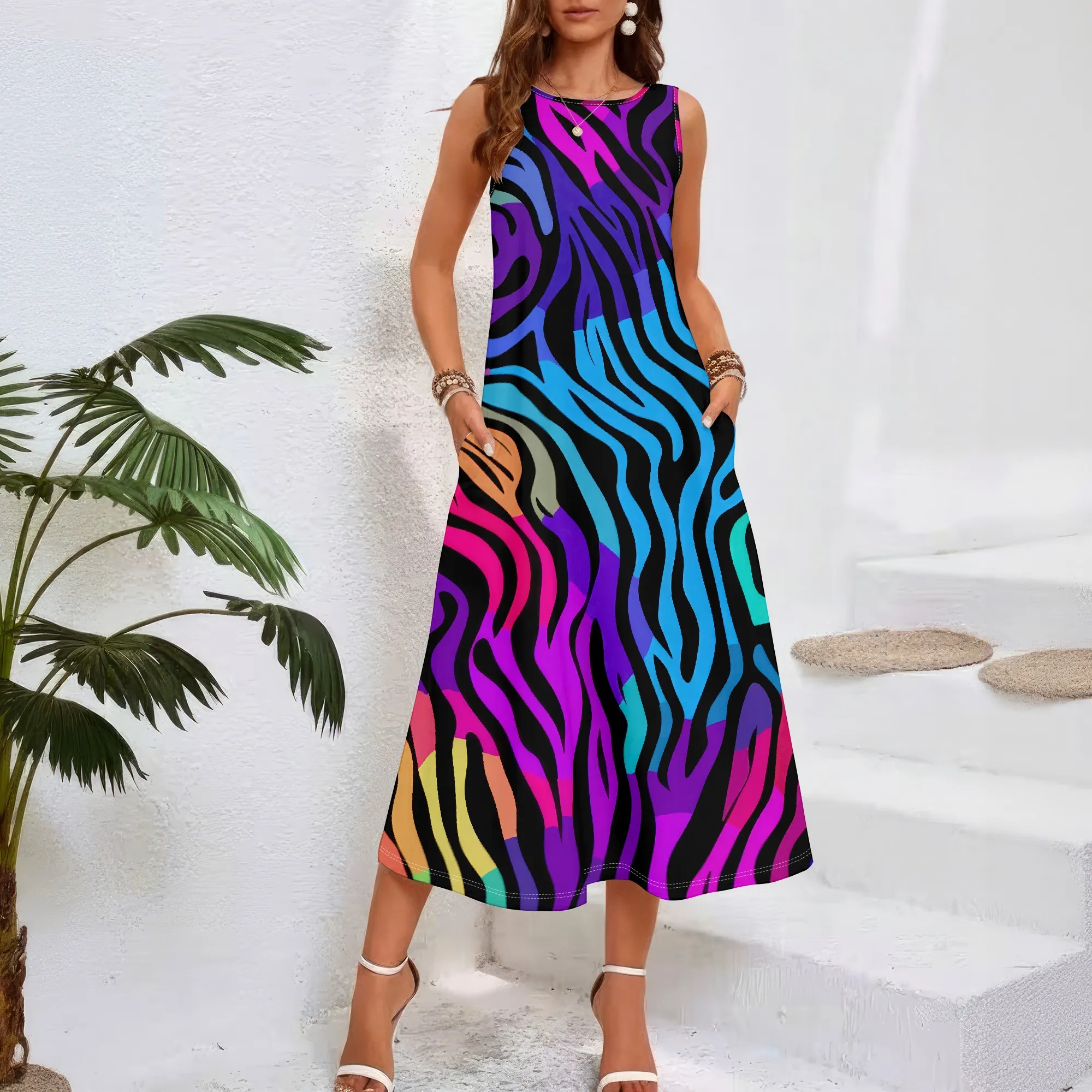 

Women casual loose round neck summer 3D geometric print black style sleeveless large swing dress (pocket)