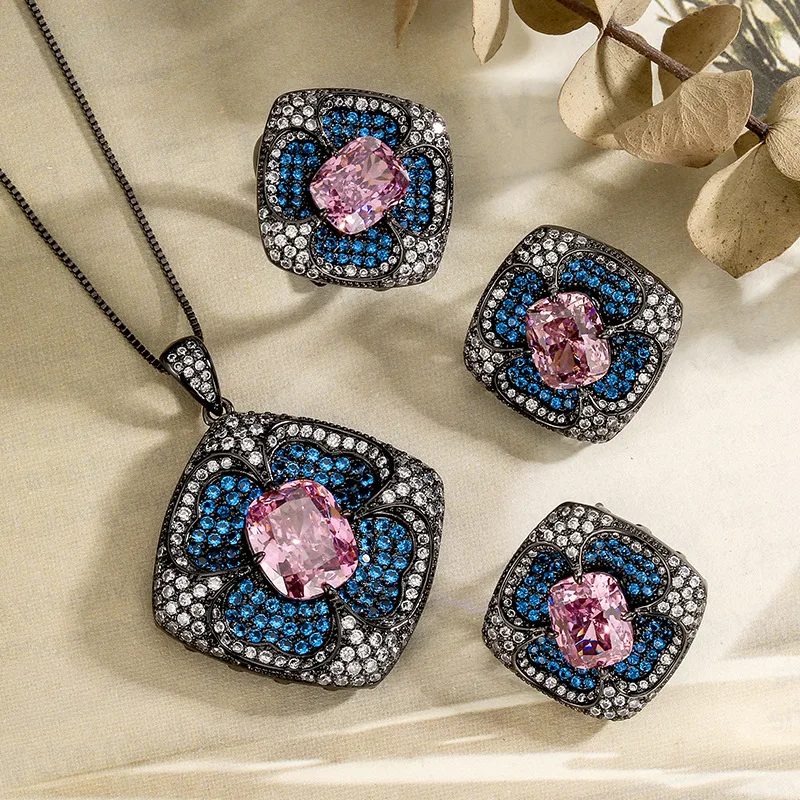 Luxury Square Cushion Pink Blue Zircon Jewelry for Women Black Plated Adjustable Ring Necklace Earrings Wedding Party Gift