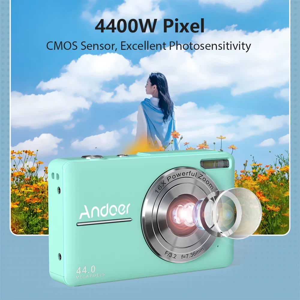 Andoer 1080P Digital Camera  44MP Auto Focus 2.5 IPS Screen 16X Digital Zoom Anti-shake Face Smile Capture Built-in Battery