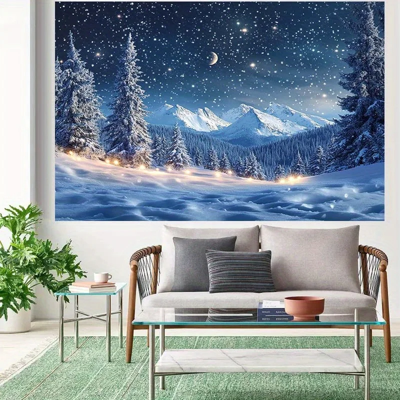 Huge Decorative Snowy Mountain Night Tapestry Wall Hanging Forest Landscape Art Stars Moon Winter Alpine Mural Decor Canvas Post