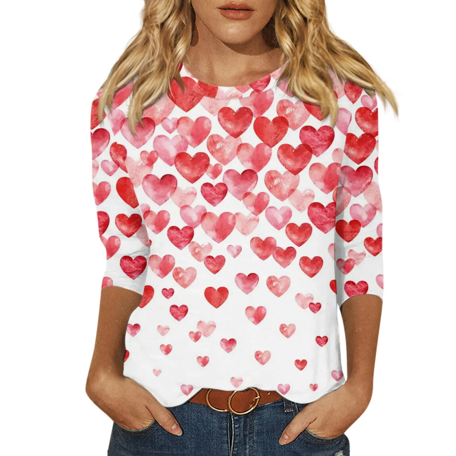 

Women's Fashion Casual Round Neck 3/4 Sleeve Loose Valentine's Day Hearts Printed T-Shirt Ladies Top