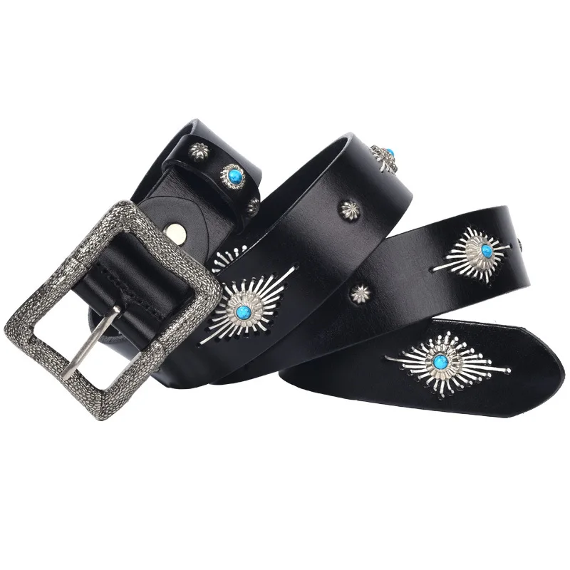 

Original Design Hand-Stitched Rhombus Belt With Turquoise Inlay, Retro Stylish Rivet Personality Waistband