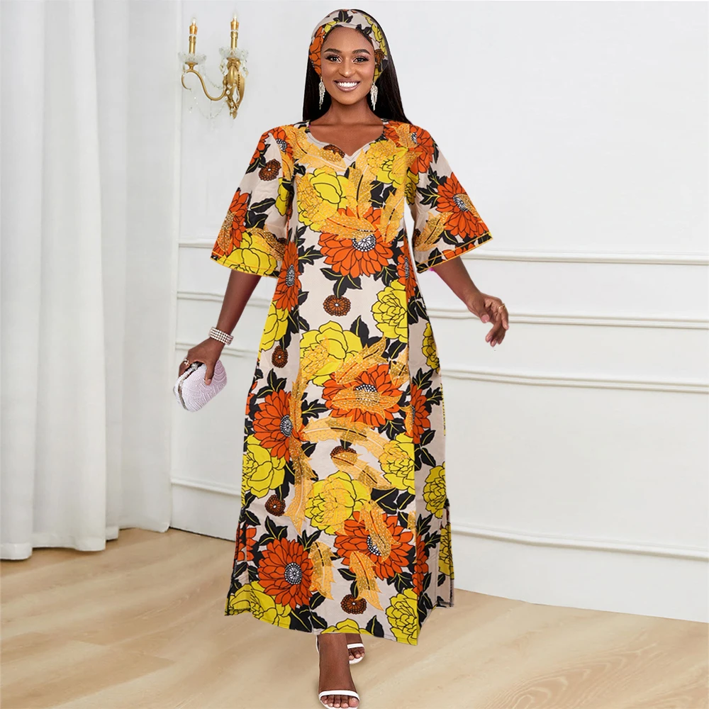 

Plus Size African Clothes for Women 2024 New Dashiki Ankara Print Bazin Riche Design Wedding Party Dresses with Headscarf