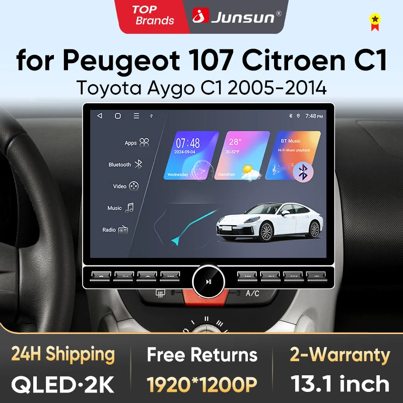 Junsun 13,1″ QLED Wireless CarPlay Android Auto Autoradio für Peugeot 107 Toyota Aygo Citroen C1 2005-2014 Intelligente Systeme