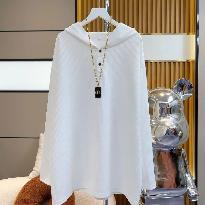 

Women's Spring Autumn New Thin Minimalist Loose Midi Solid Color Hoodies Button Spliced Hooded Long Sleeve Casual T-shirts Tops