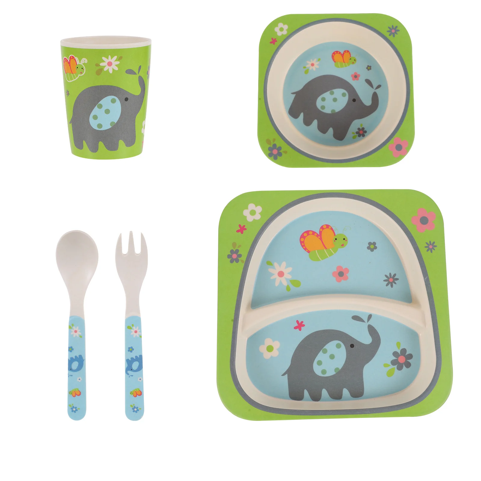 5-teiliges Kinder-Bambus-Essset für Kleinkinder, Geschirr-Set, Teller, Schüssel, Tasse, Gabel, Löffel für Kinder, selbsternährendes Kinder-Ess-Set