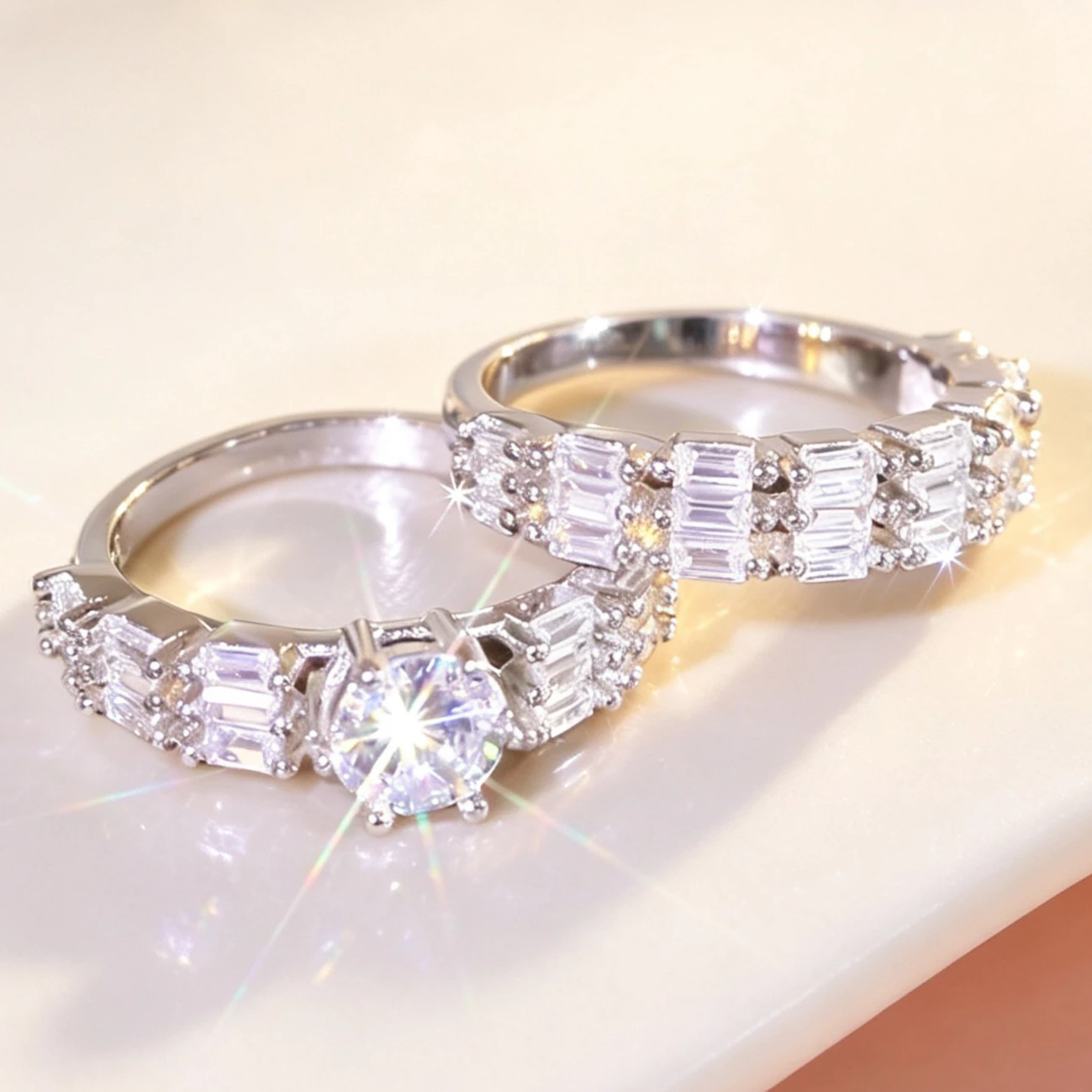 2Pcs Women Bridal Ring Set Round & Baguette Cut Synthetic Zircon Silver‑Tone Stackable Wedding Band Promise Rings Fashion Jewelry For Ladies