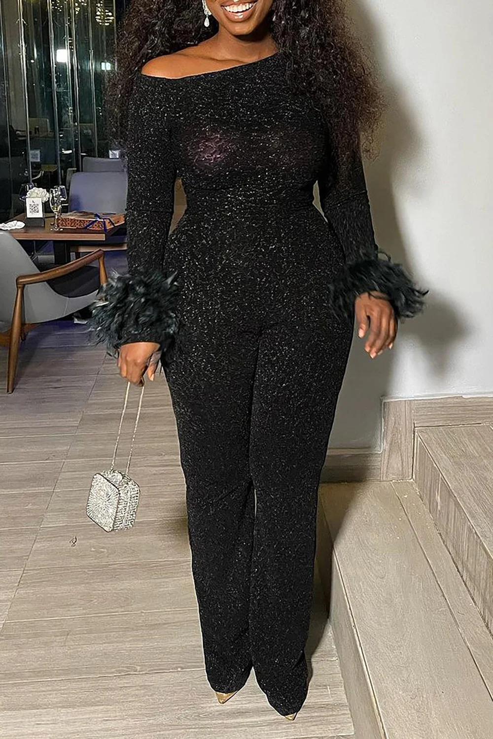 

Plus Size Party Jumpsuit Black Glitter Long Sleeves Feathers Sequin Jumpsuit
