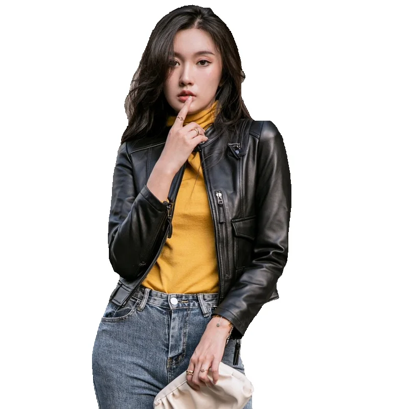 Standing Collar Genuine Leather Jacket For Women's Short And Semi Vegetable Sheepskin Spring Explosive Motorcycle Jacket Jacket