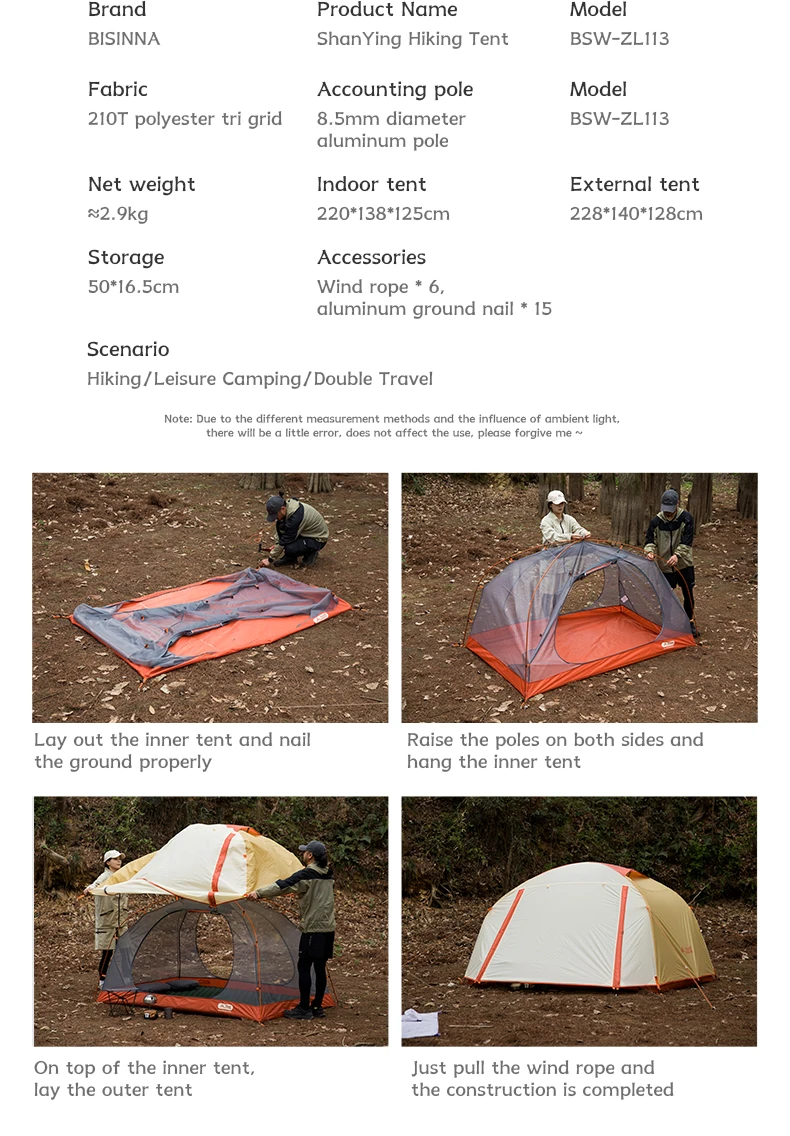 BISINNA Camping Tent 1-2 Person Portable Double Layer 210T Polyester Waterproof Backpacking Tent for Outdoor Hiking Beach Travel