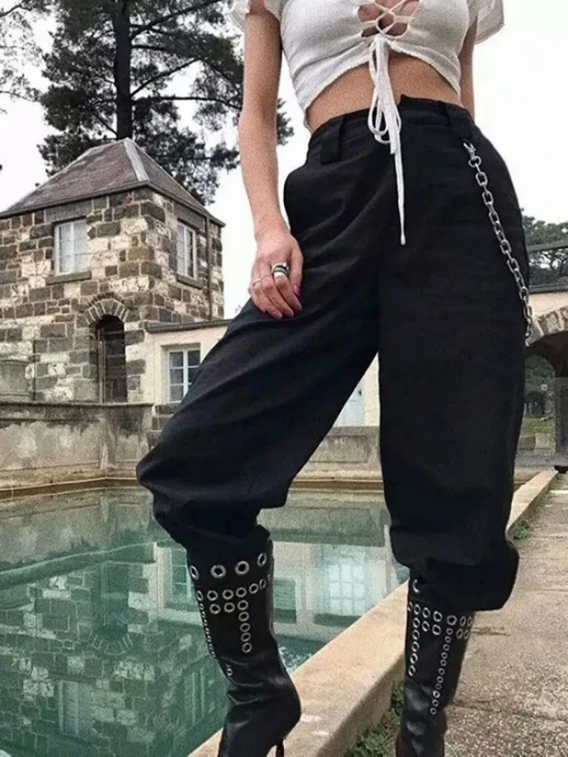 Kpop Girl Group LISA Women Hip Hop Waist Chain Pants Dancer Outfits Black Jazz Dancewear Music Festival Cargo Trousers Outfit