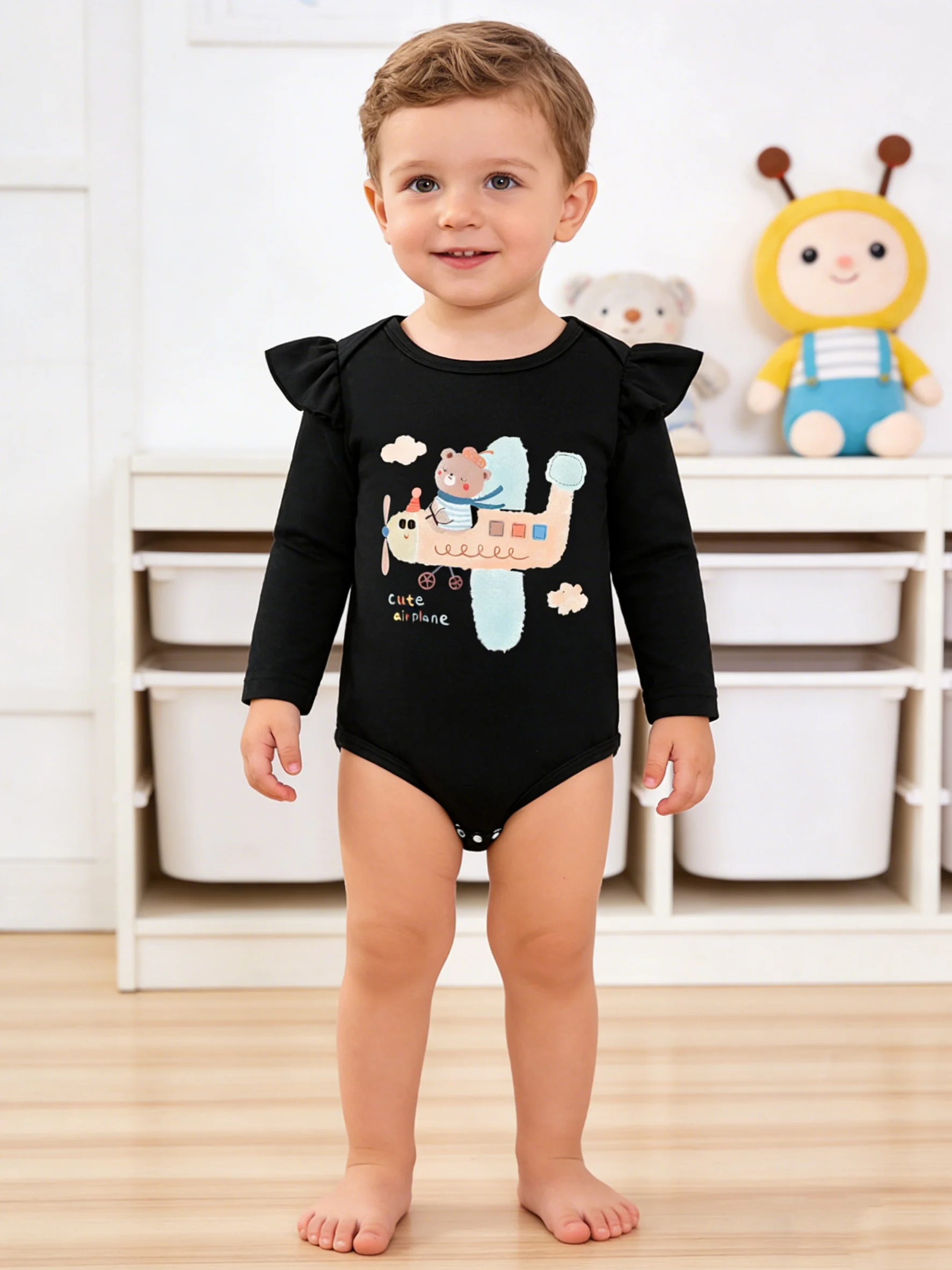 Summer Toddler Boy Cute Bear Flying Plane Print Long-Sleeve Romper - Black Ruffled Trim Adorable Casual Bodysuit