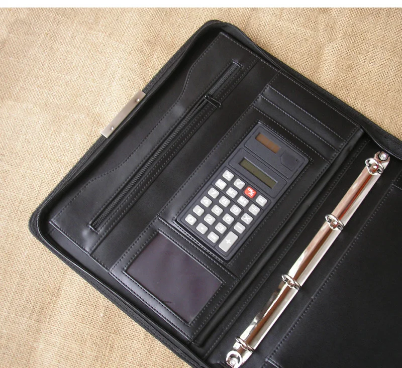 Multifuction A4 PU leather padfolio manager bag with zipper calculator ring binder portfolio documents folder case organizer