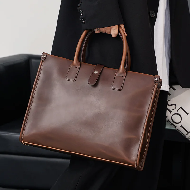 Portable PU Leather Briefcase Bag For Men Crazy Horse Executive Laptop Executive Handbag Tote Business Document Vintage Bag
