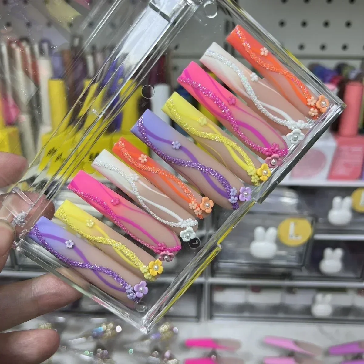 Hecho a mano 10CM púrpura Y2K largo cuadrado prensa en uñas personalizado XXXL acrílico puntas de uñas postizas Bling uñas postizas con pegamento fiesta