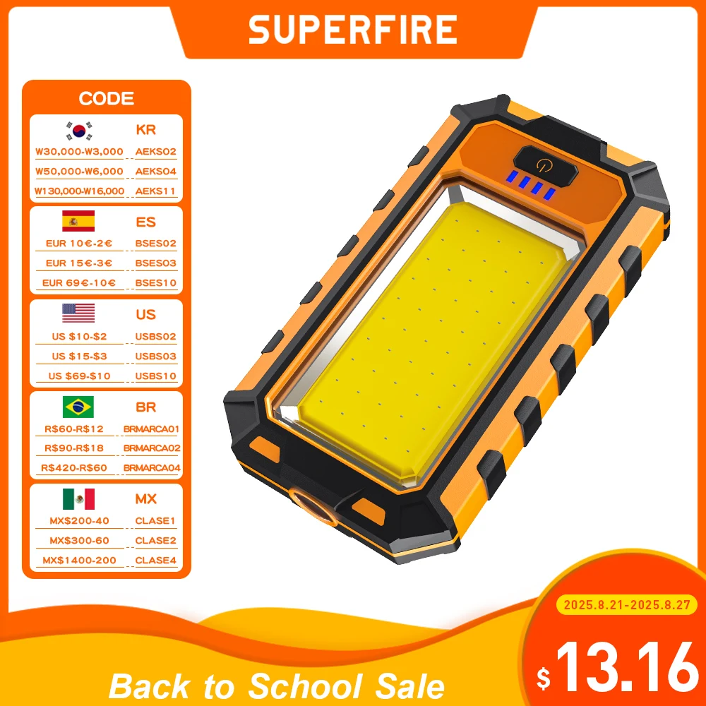 

SUPERFIRE G25 COB Рабочий фонарь с магнитным аккумулятором, водонепроницаемый фонарик с зарядкой через USB C для аварийного освещения