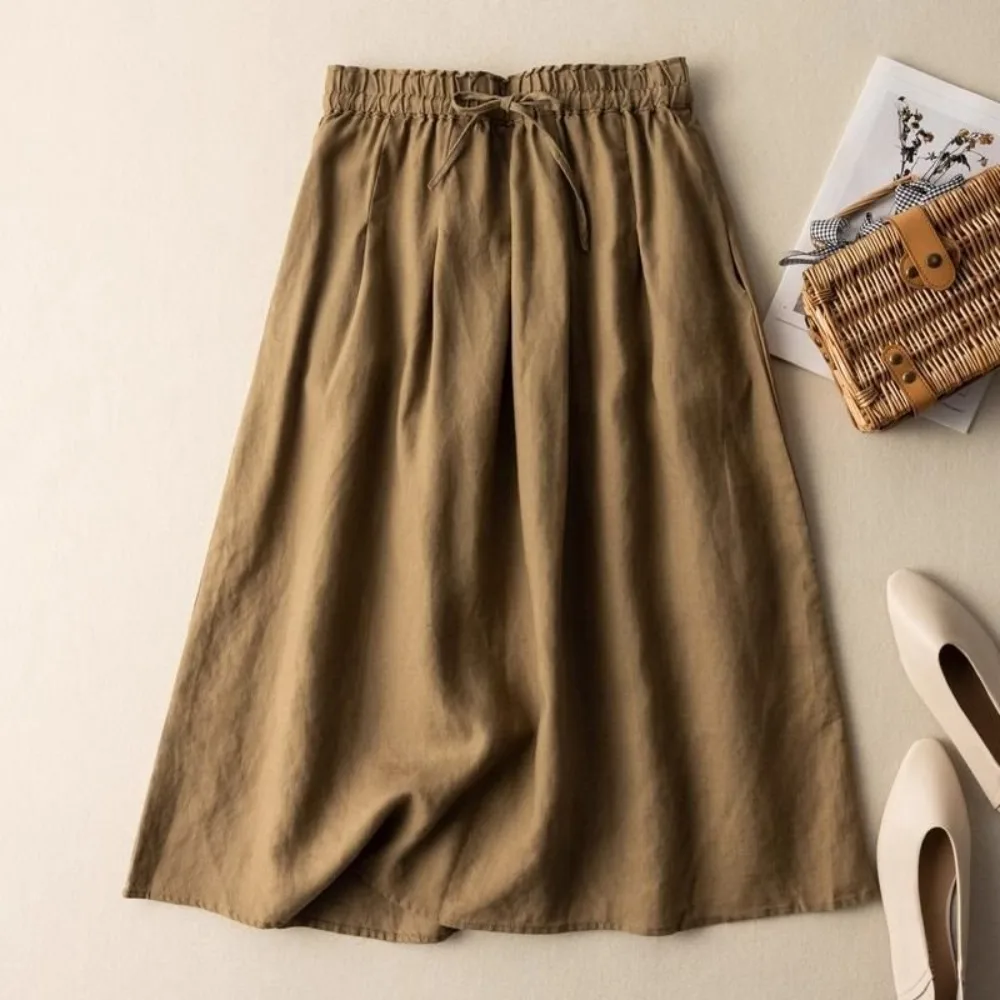 Women Cotton A-Line Skirt With Lining Tie Elastic Waist Loose Solid Color Slimming Casual Office Streetwear Minimalist  Ladies