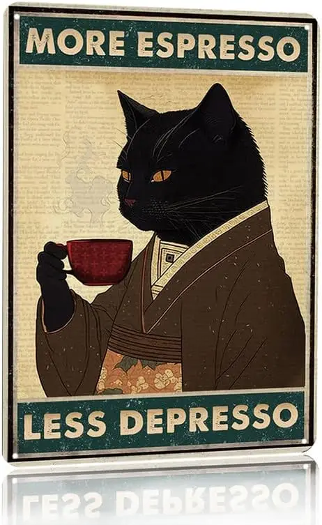 Vintage Black Cat Coffee Poster More Espresso Less Depresso Wall Sign Novelty Metal Tin Sign Home Vintage Art Decor Iron Paintin