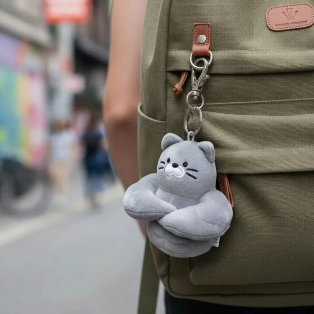 Soft Muscle Cat Plush Keychain Gray Color Muscular Animal Cat Plush Pendant Funny Design Fluffy Cartoon Plush Keyring Cat Lovers