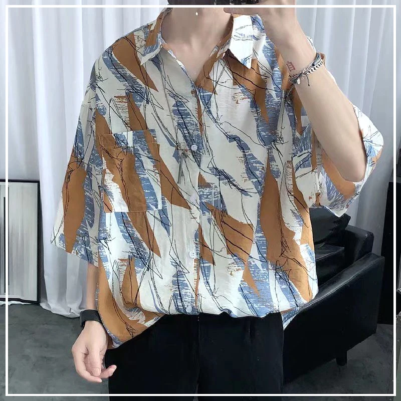 

2024 New Summer Ruffian Handsome Men's Niche Fashion Lapel Personalized Tie Dye Print Loose Casual Versatile Short Sleeved Shirt