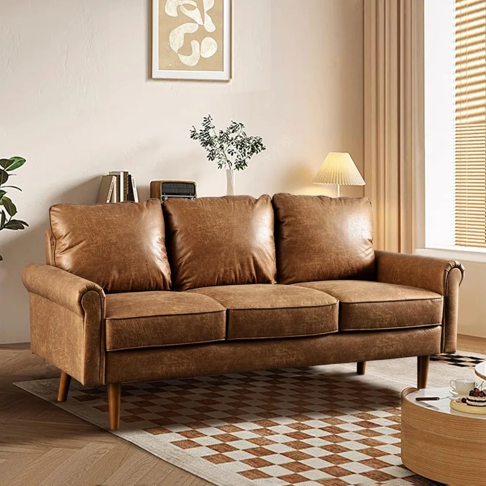 

"73" Mid-Century Sofa - 3-Seater with Deep Seat & Suede Leather, Comfy Cushions for Living Room/Office"