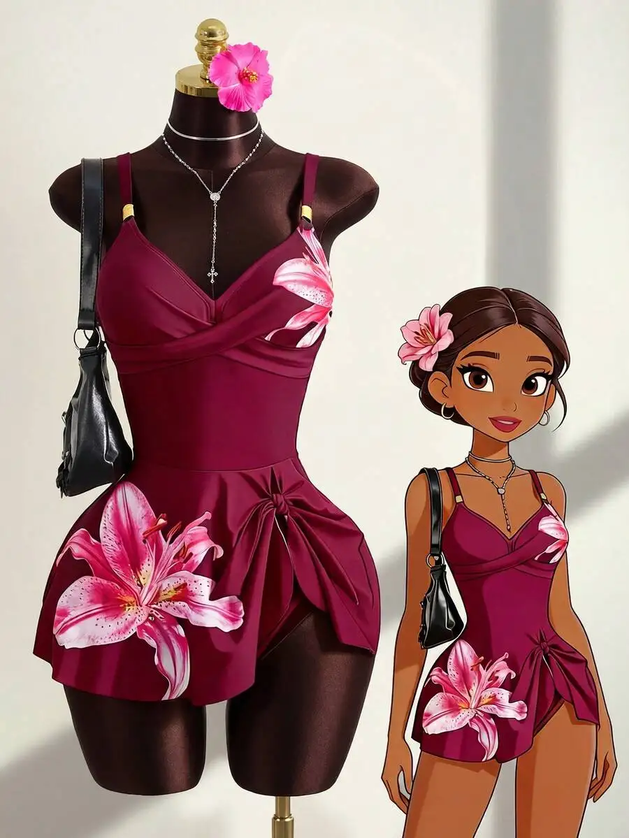 

Floral Print Adjustable Strap Swimsuit Set With Skirted Bottoms For Women