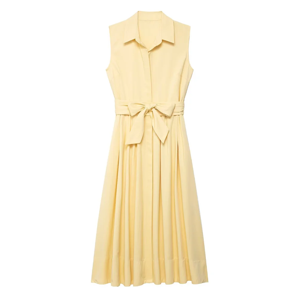 

UNIZERA women's waistband shirt style dress with lapel and sleeveless decoration for spring and summer new casual women's wear