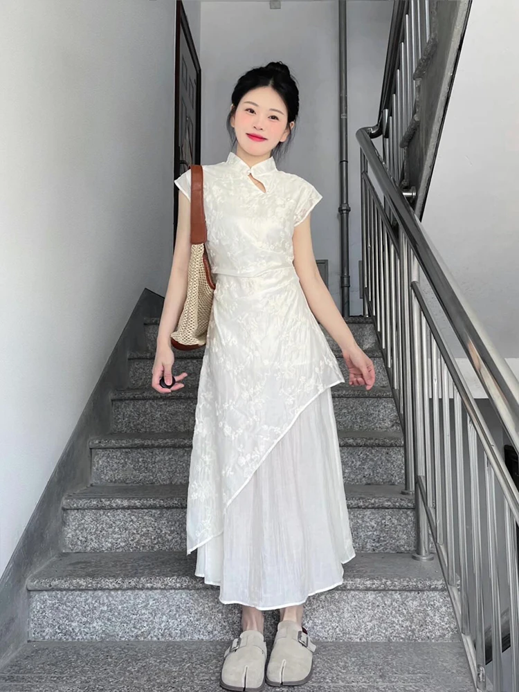 جديد الصينية Sle المطرزة الدكتور المرأة الصيف تصميم الإحساس غير المستوية الخصر Cinching التخسيس الجنية تنورة طويلة