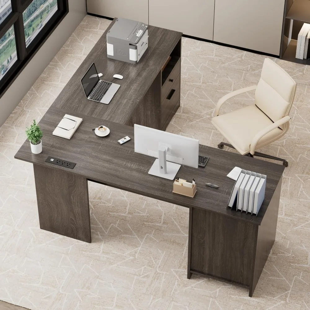 

L-образный стол с ящиком для файлов, 60-дюймовый угловой стол с ящиками для хранения и шкафом, большой стол для домашнего офиса с розетками,