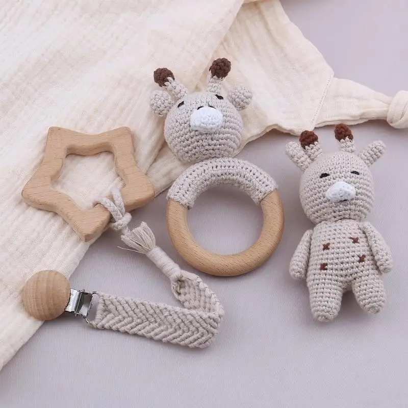 581F 4 XWooden ของเล่นเด็กไม้ Teether Baby Teething ของเล่น Pacifier คลิปยีราฟน่ารัก Appease Gi
