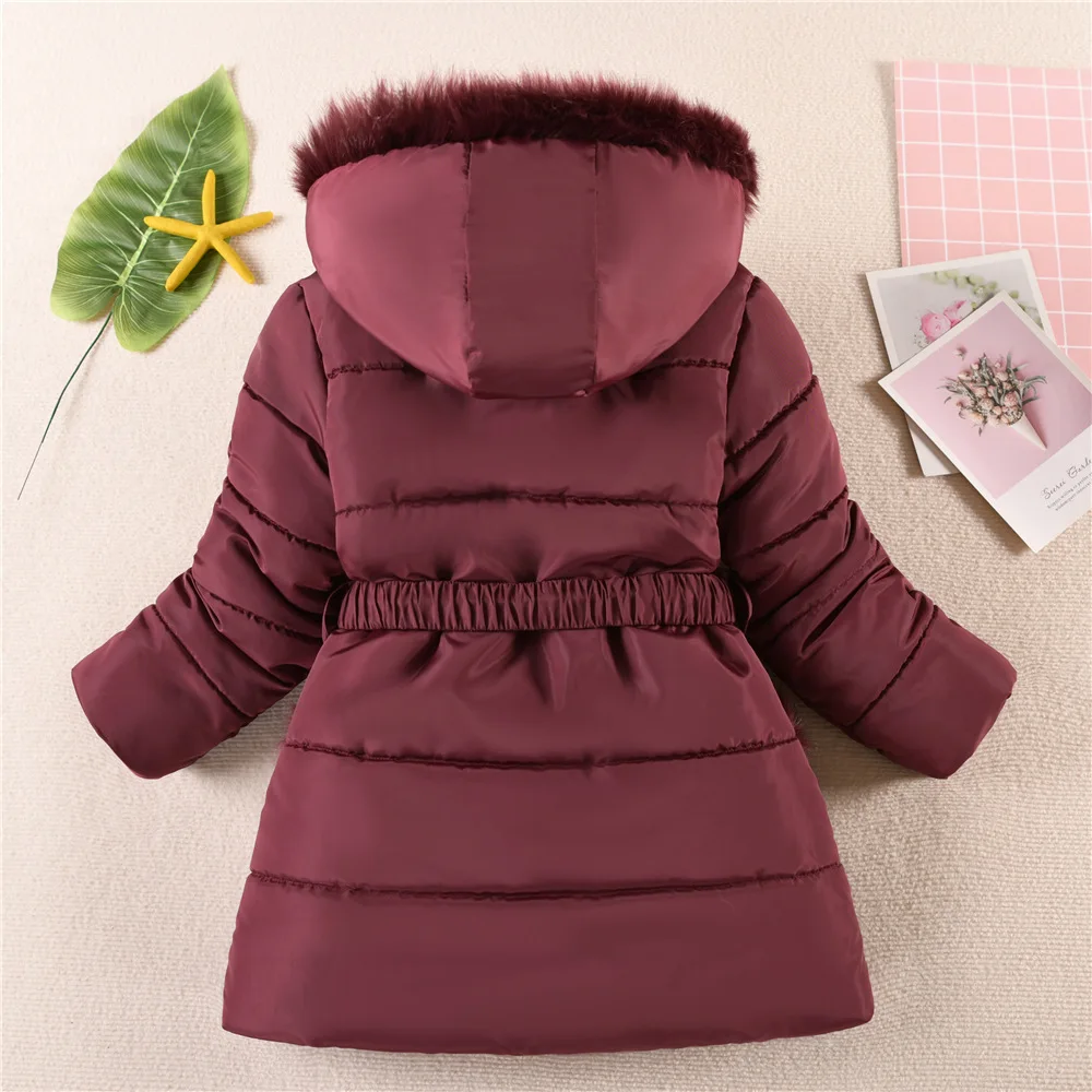 2024 New Winter Keep Warm Girls Jacket Waist Belt Design Detachable Hat Lining Plush Hooded Heavy Coat For Kids
