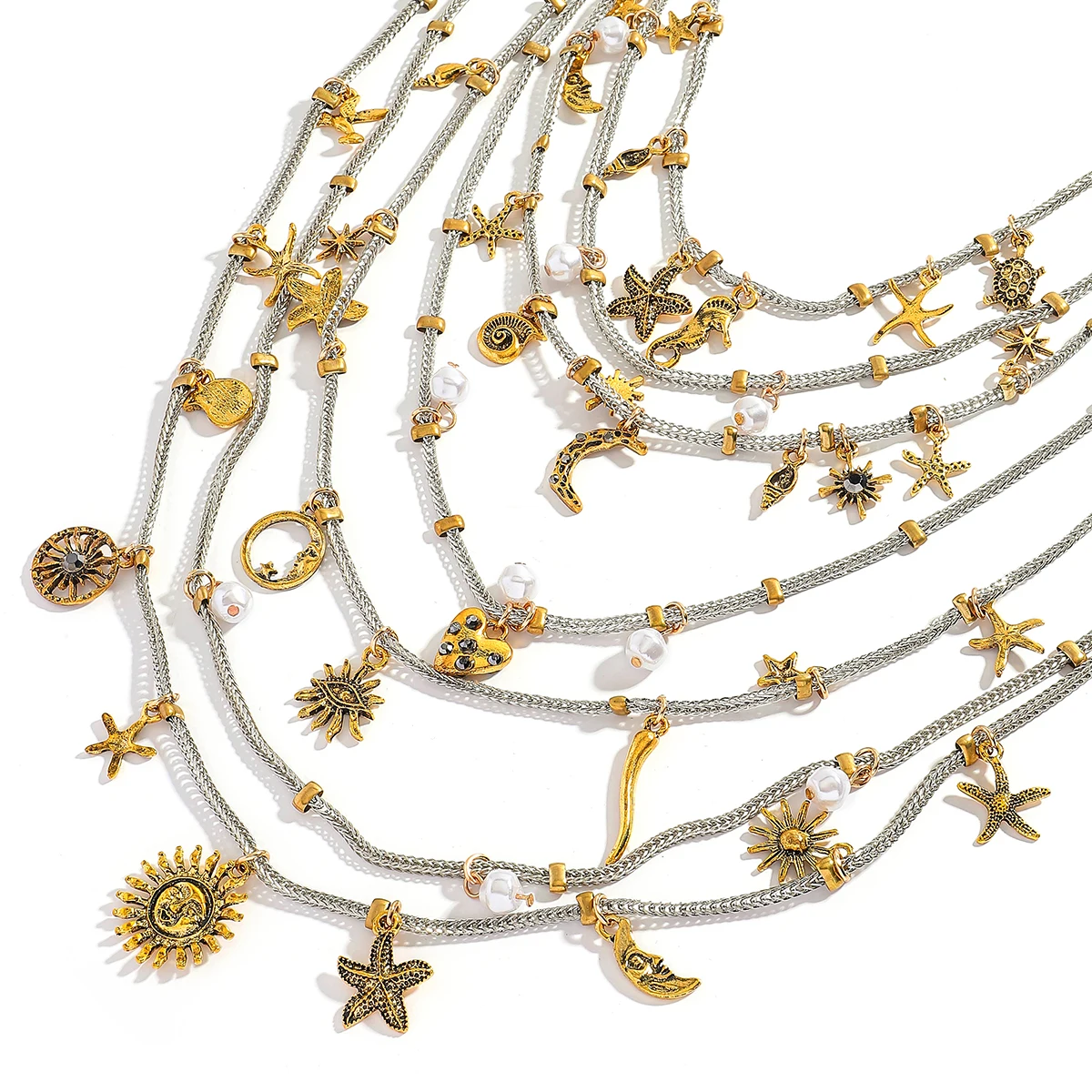 

Marine Multi-Charm Metal Necklace Female Summer Vacation Ocean Style Starfish Sun And Moon Pendant Exquisite Luxurious Jewelry﻿
