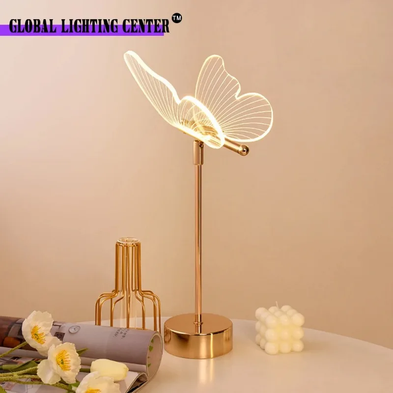 Acrylic Butterfly LED Desk Lamp Retro Gold Table Lamp Hotel Villa Art Decorative Lighting Living Room Bedside LED Night Lights