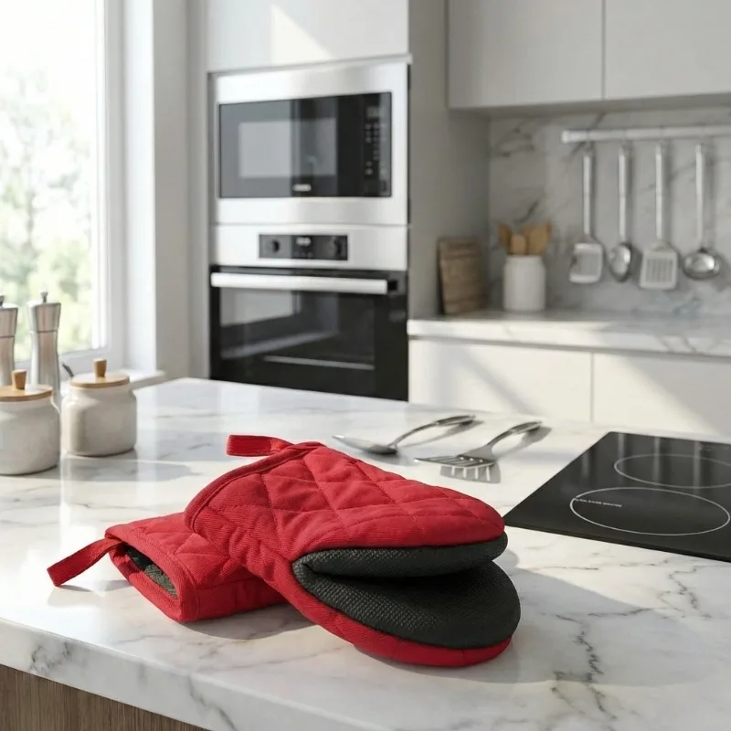 Short Kitchen Oven Gloves, Quilted Polyester Outer Layer, Textured Non-slip Silicone Liner, Built-in Hanging Strap, Anti-scald Protective Mitt for Air Fryer Users Oven Gloves Heat Resistant