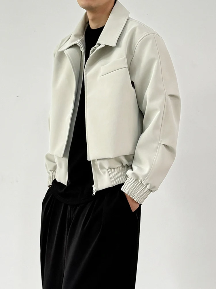 White Short Padded Shoulder Men's Jacket Autumn Plaid Splicing Design American Collar Top Youth Popular Loose Fit Long Sleeve
