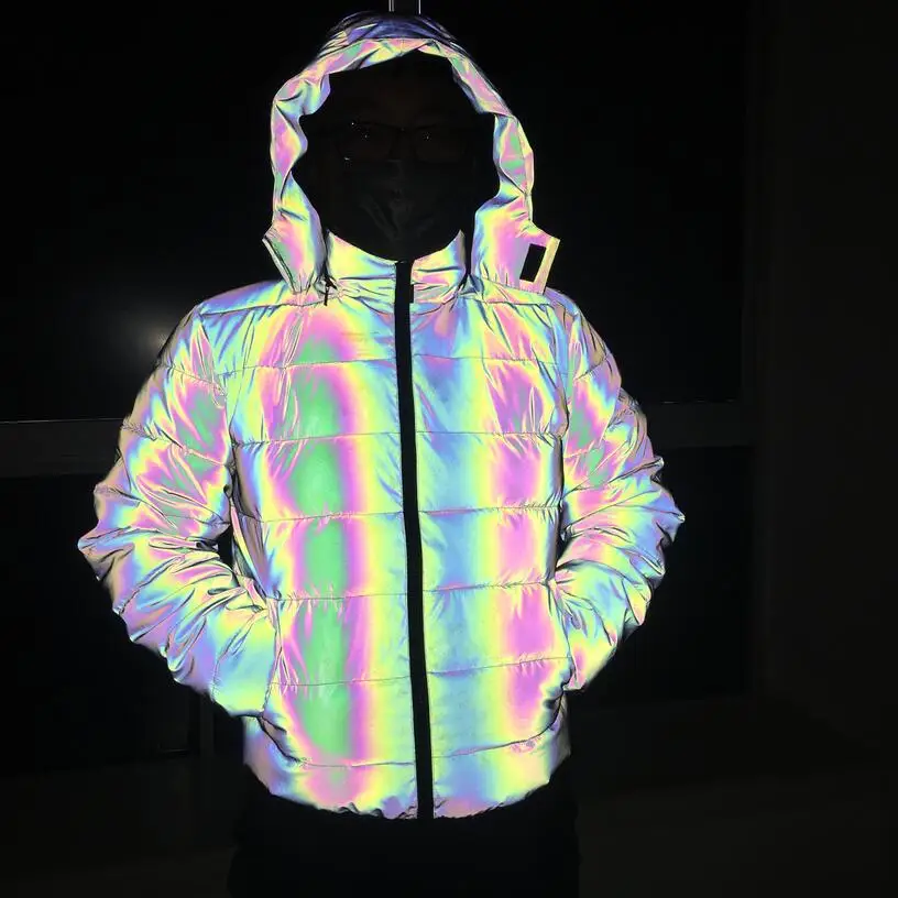 Women's Fashion Reflective Puffer Parkas Hooded Windproof Puffey Overcoat Cotton Padded Thick Thermal Jacket Colorful Reflect