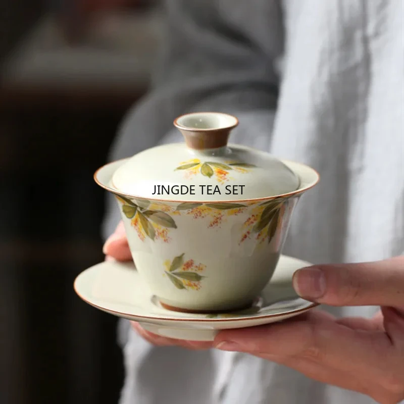 

100ml Chinese handmade ceramic lid bowl tea cup hand-painted osmanthus pattern travel tea bowl