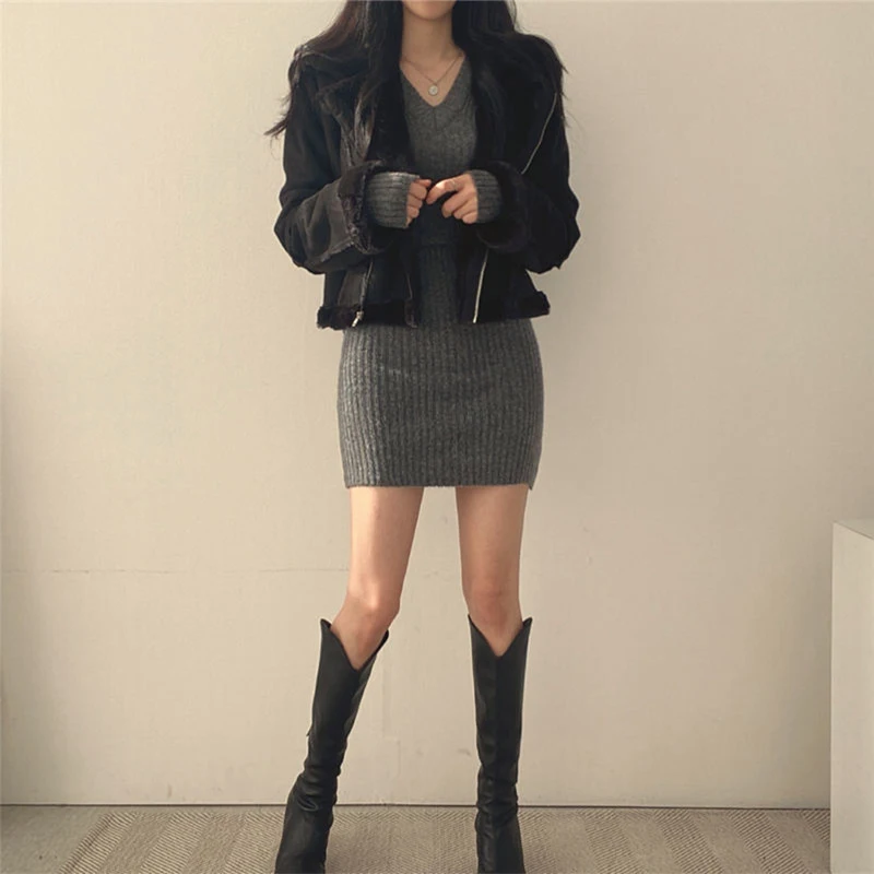 الحياكة الأنيقة Bodycon اللباس المرأة الخامس الرقبة طويلة الأكمام الأساسية ضئيلة فساتين ربيع الخريف بلون قاع مكتب سيدة اللباس #3