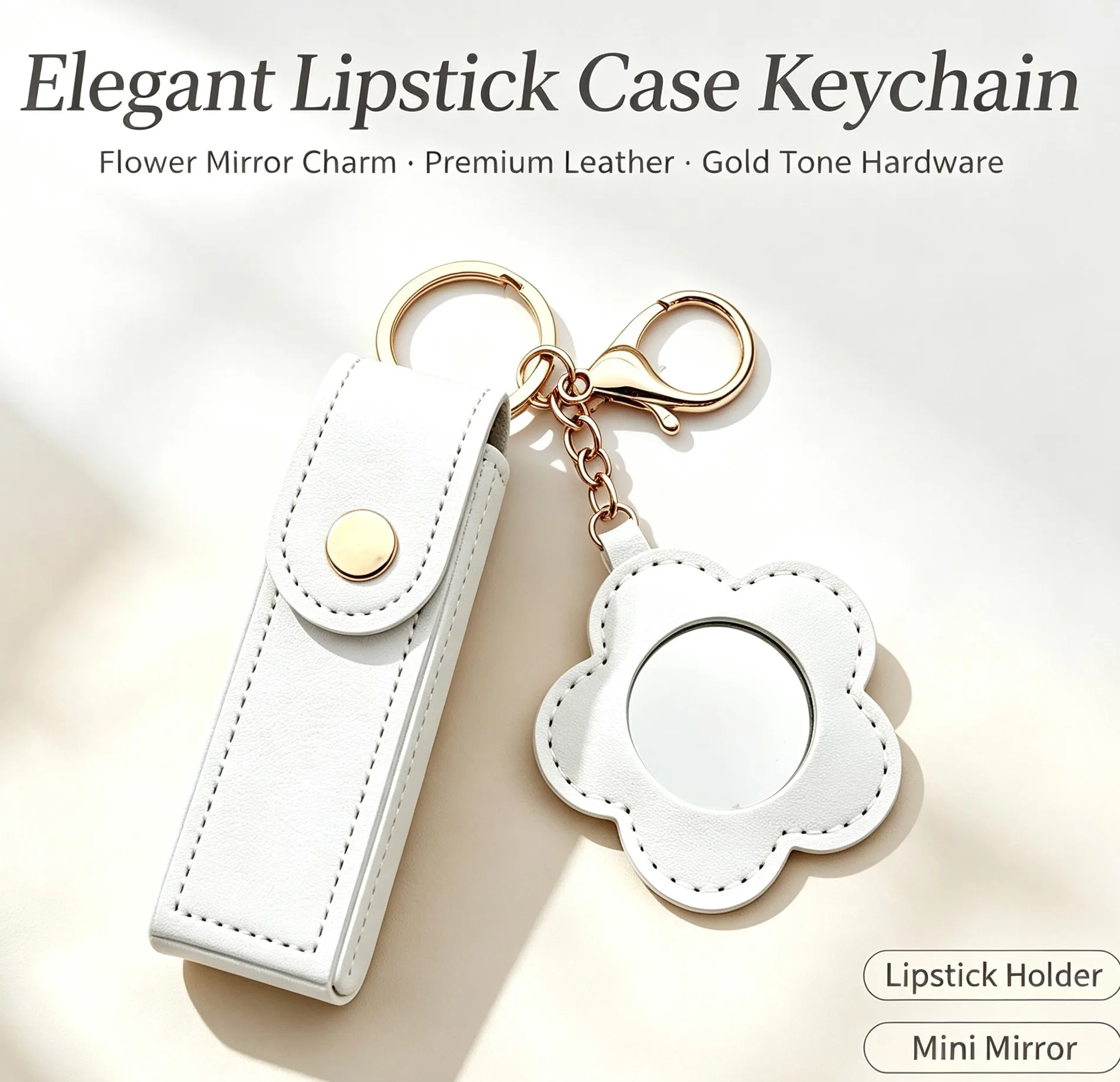 Leather Lipstick Case Keychain with Flower Mirror Charm Gold Tone Hardware Portable Lipstick Holder Bag Accessory Gift for Women