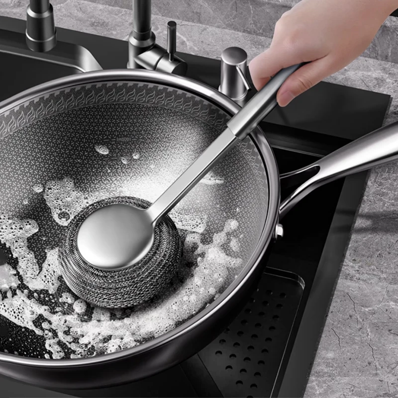 

Щетка для кастрюль из нержавеющей стали 304, кухонная специальная щетка для мытья кастрюль, стальная шерстяная шариковая щетка, длинная ручка, щетка для чистки посуды, инструменты для чистки посуды
