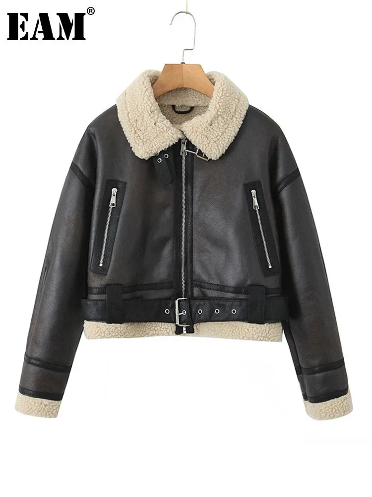 [EAM] Brown Lambswool Thick Big Size PU Leather Jacket New Lapel Long Sleeve Women Coat Fashion Tide Autumn Winter 2024 1DH8486