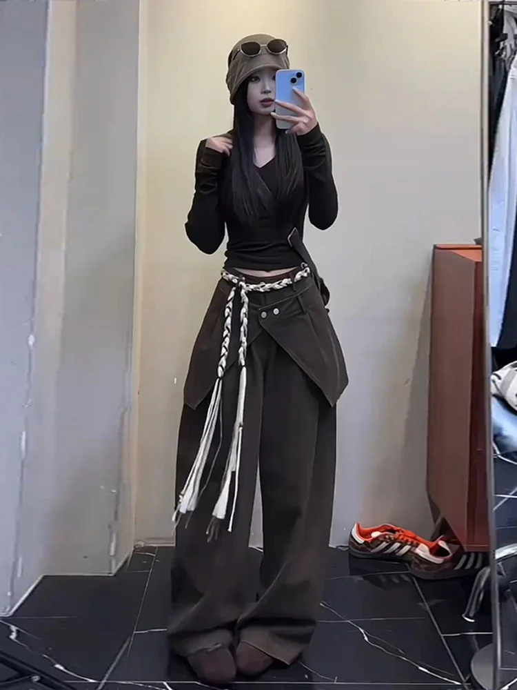 Retro American Coffee Color Wide Leg Jeans Women Summer Street Hot Girl High Waist Casual Flared Long Pants Loose Fit Jeans